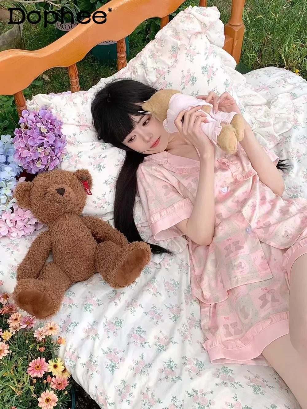 

2025 Summer New Japanese Original Cute Girl Ice Silk Pajamas Cartoon Short-sleeved Shorts Doll Collar Casual Loungewear
