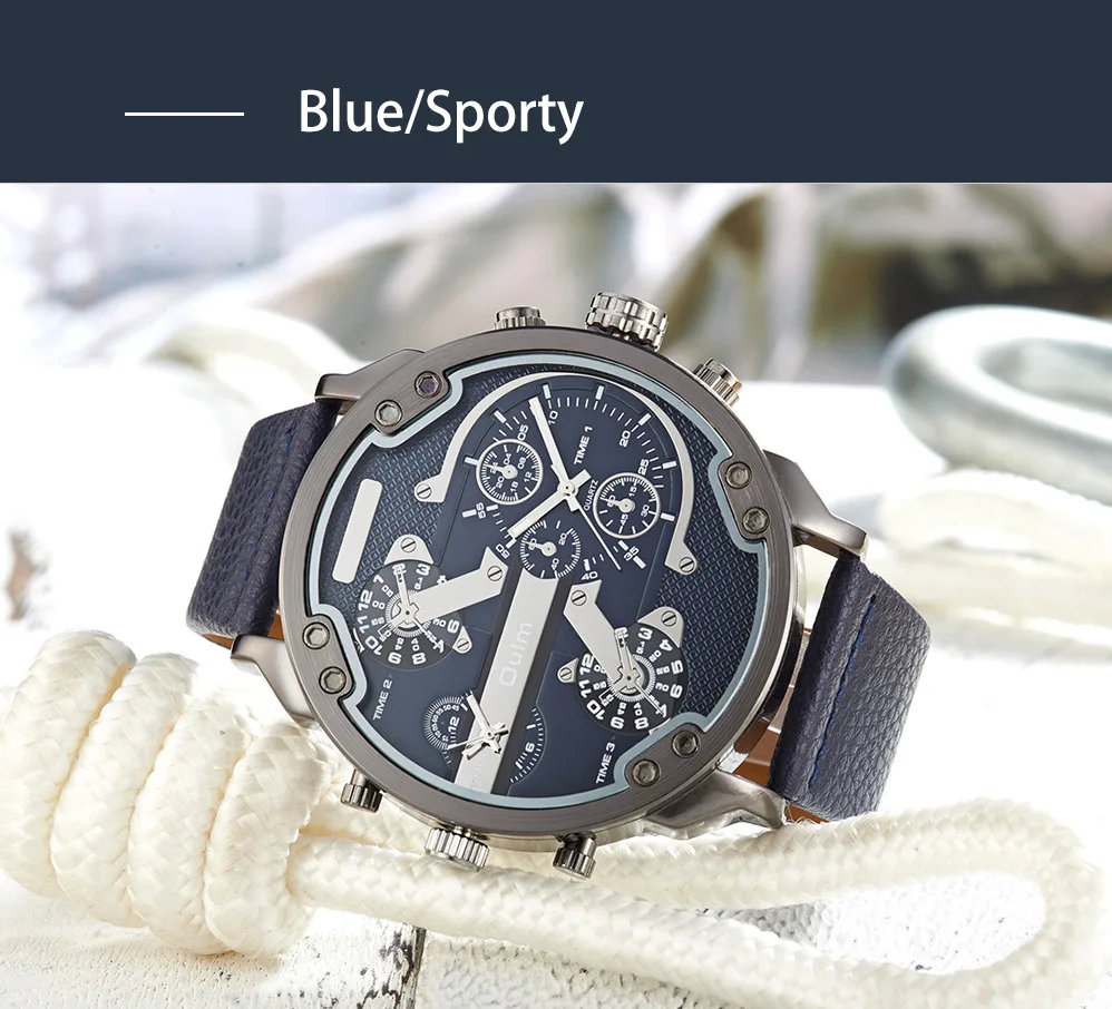 新しいメンズスポーツウォッチデュアルタイムエリアクォーツ時計大きなダイヤルベルトカジュアルメンズ腕時計