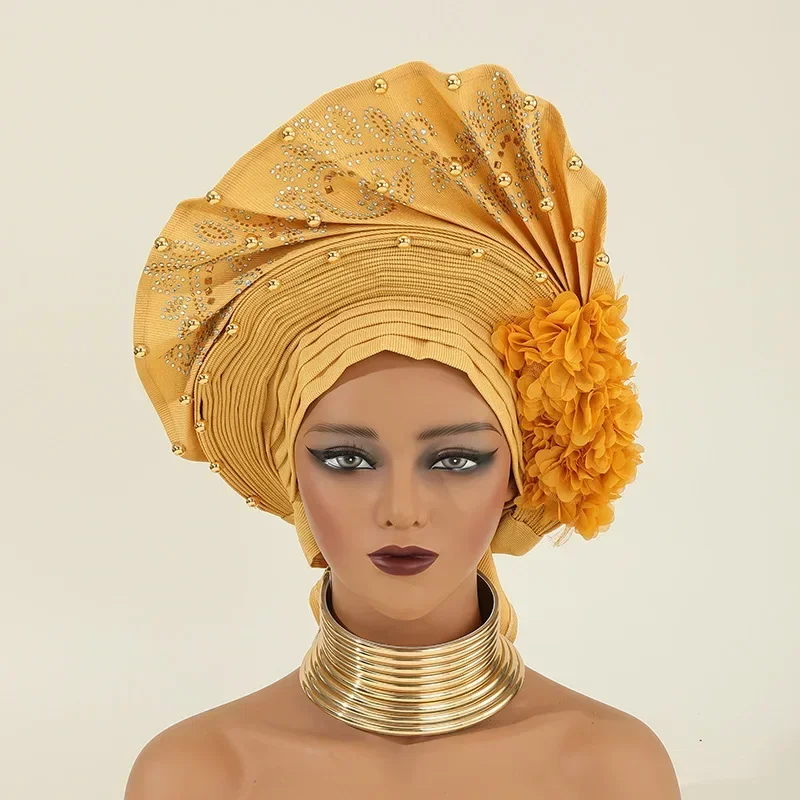 

African Auto Gele Headtie Turban Cap for Women Hat Already Made 2025 Aso Oke Wedding Bonnet Head Wrap Bonnet Hijab Flower Beaded