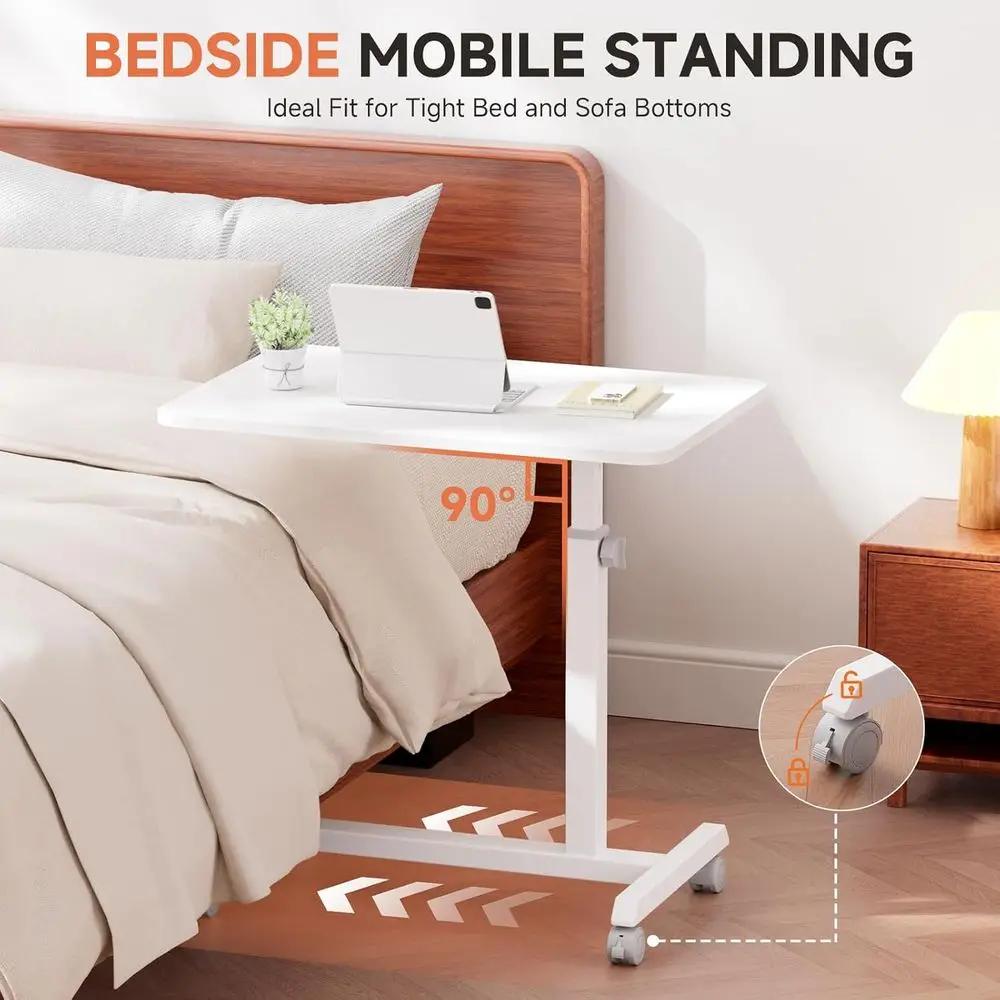Mobile Small Standing Desk, Sit Stand Portable Rolling Laptop Desk with Lockable Wheels, Adjustable Height Overbed Bedside Table