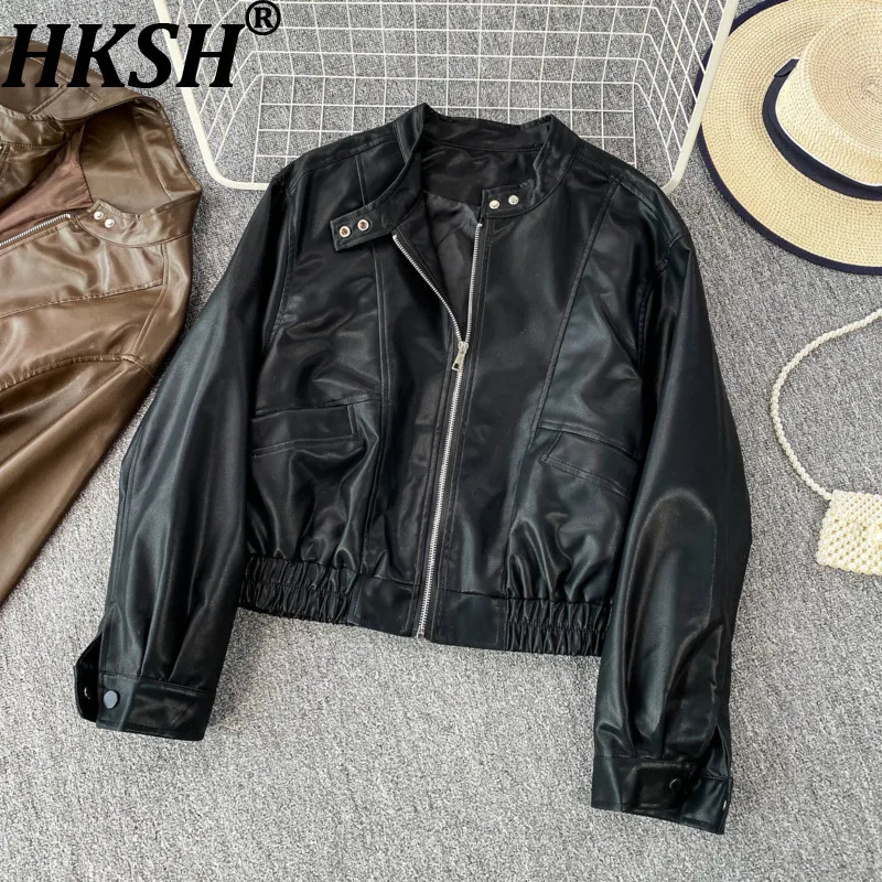 

HKSH Autumn New Women Chic Short Jacket Stand Collar Zipper PU Leather Fashion Sweet Cool Streetwear Punk Style Ins Coat HK10203