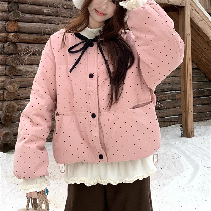 الحلو فتاة الوردي الأزرق البولكا نقطة قصيرة سترة موضة سترة سميكة جديد الشتاء المرأة س الرقبة لطيف القوس معطف فضفاض معطف دافئ غير رسمي #1