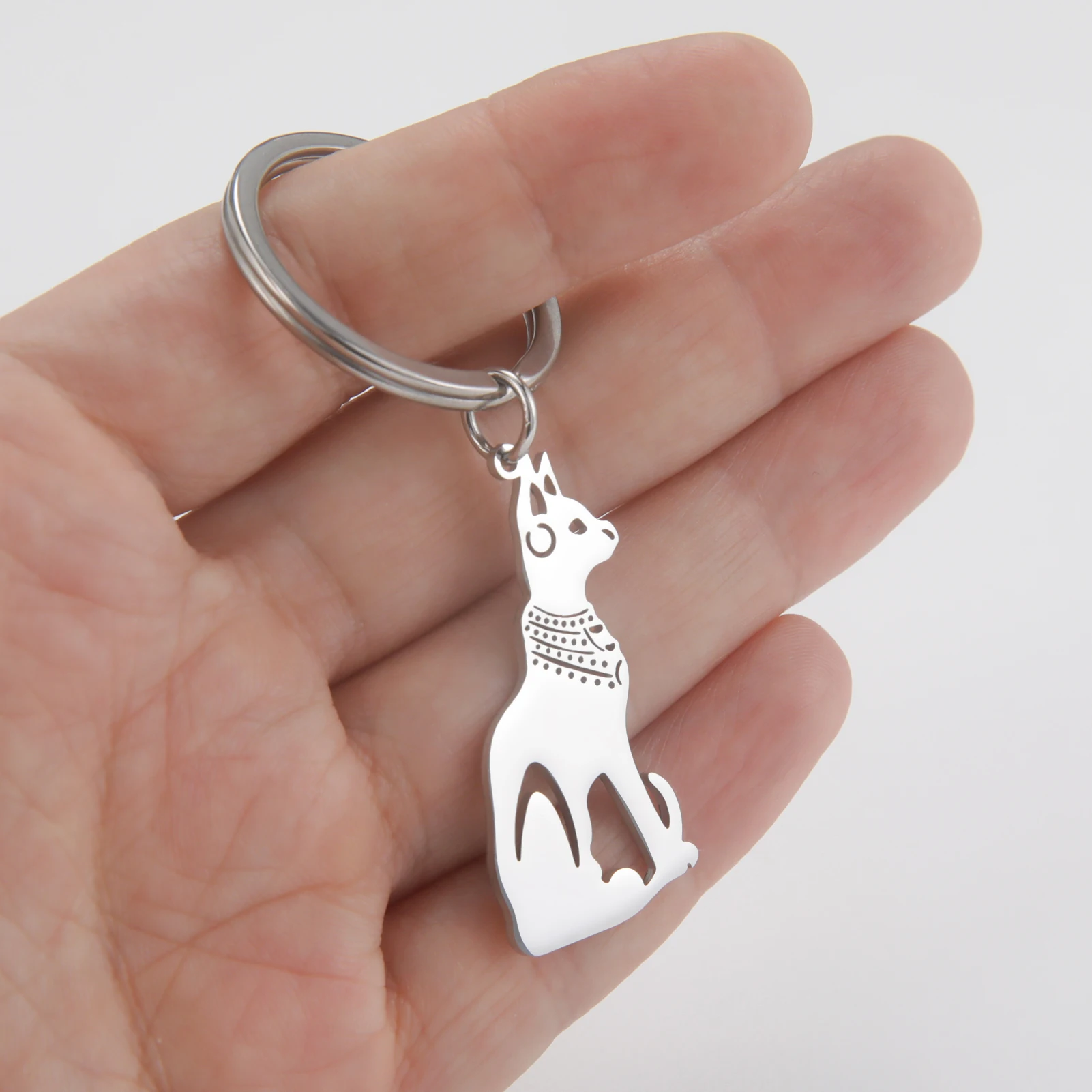 Ancient Egypt Cat Keychain Key Chain Mystic Animal Egyptian Goddess of Protection Pendant Stainless Steel Lover Birthday Jewelry