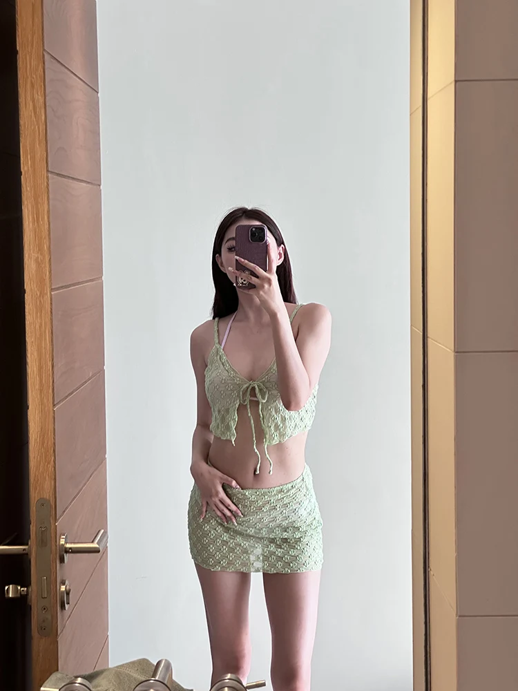 Loka Art Bikini Sexy American Girl Lace Pure Desire Cover Belly Sexy Vacation Beach Swimming Costume Women's V-neck Polyester