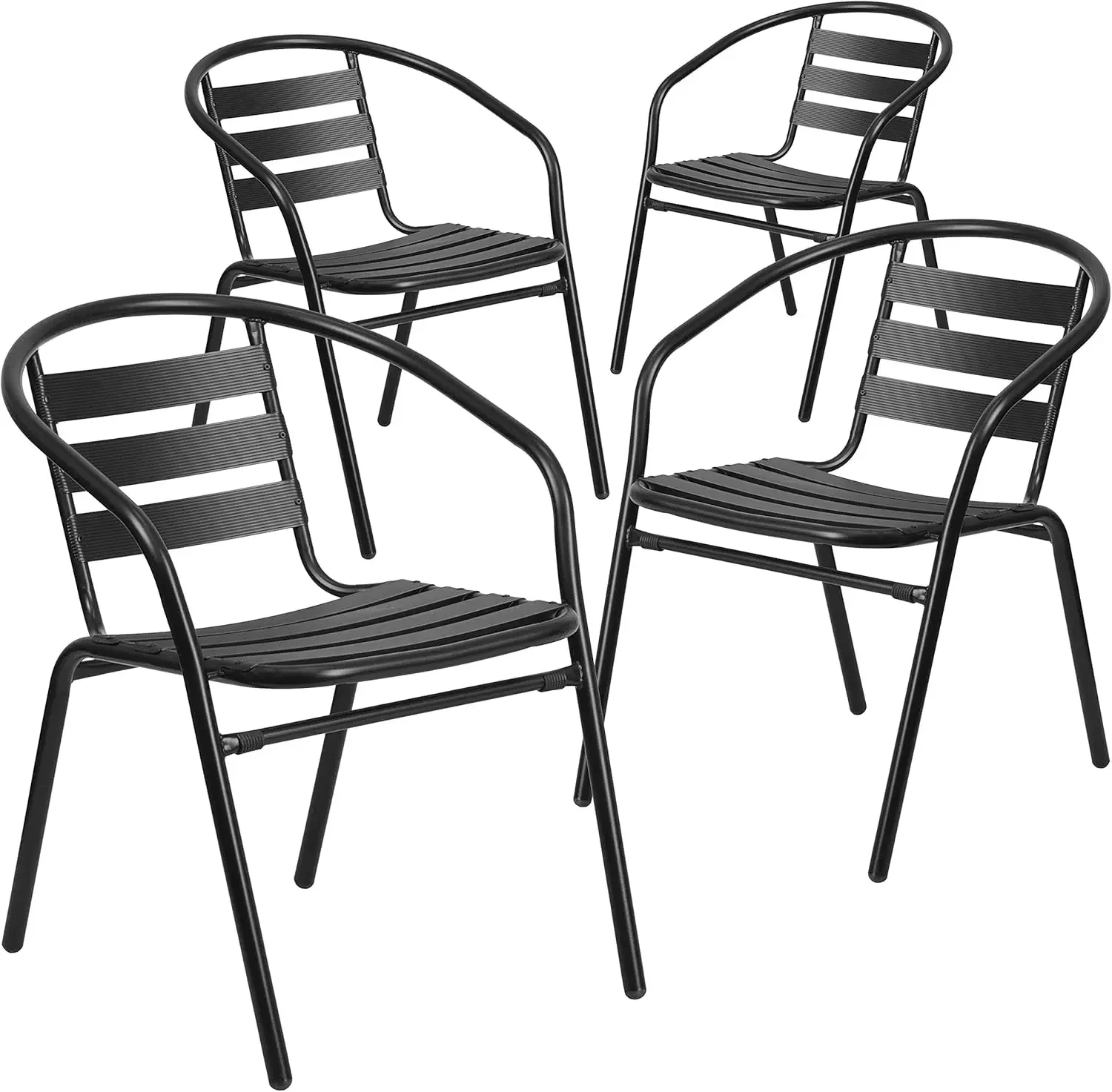 Slat Back Stacking Outdoor Restaurant Chairs, Modern Stackable Patio Chairs for Restaurants, Set of 4, Black