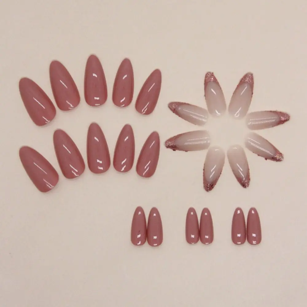 Manicure Long False Nails French Brick Red Fake Nials Detachable Almond Press on Nails Women