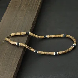 Handmade Men Necklace Natural Coconut Husk Wooden Collar 19 Inches Choker Colar Healing Jewelry Tiger Eyes Howlite Stone Collana