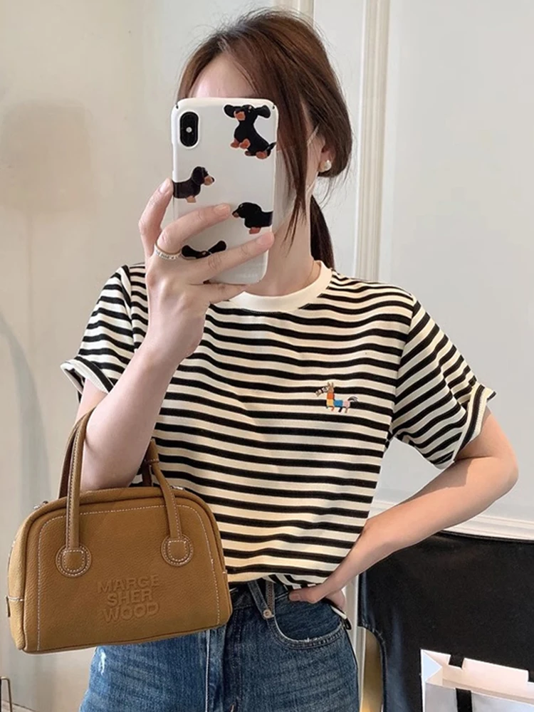 Faionable كلاسيكي مخطط ort Sve تي شيرت المرأة القطن الخالص قاعدة irt الصيف التخسيس الأعلى الكورية Sle جولة Ne