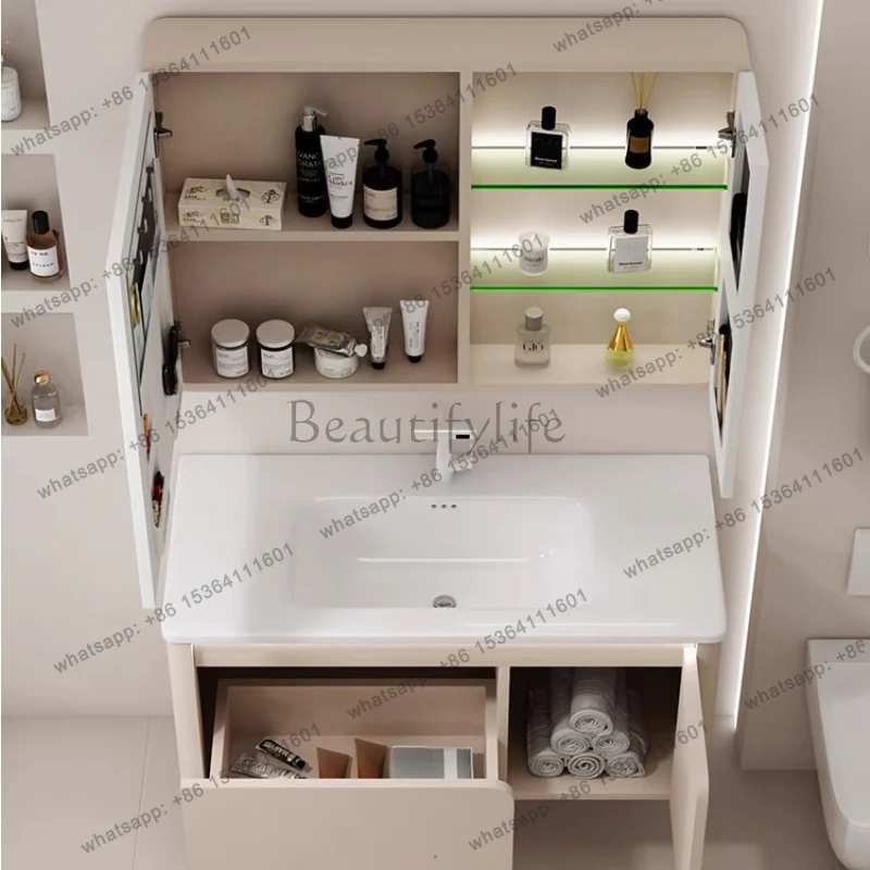 LDSimple Modern Bathroom Vanity Combo Ceramic Integrated Basin Bathroom Cabinet Washbasin Smart Light Mirror Cabinet