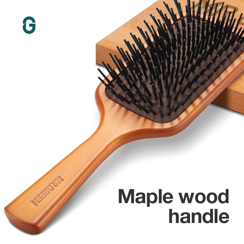 MR.GREEN Hair Brush Natural Maple Wide Board Massage Scalp Air Cushion Fine Tooth Comb For Curly Long Hair Women Men