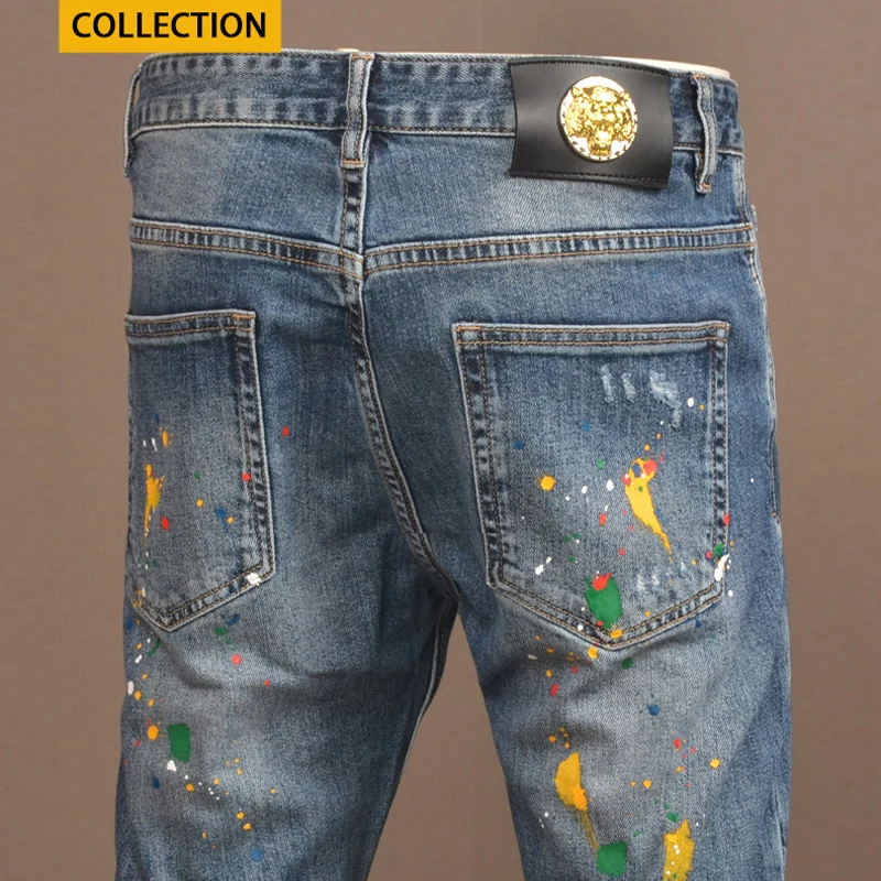 Fashion Streetwear Men Jeans Retro Blue Stretch Skinny Fit Ripped Jeans Men Painted Designer Hip Hop Denim Pencil Pants Hombre