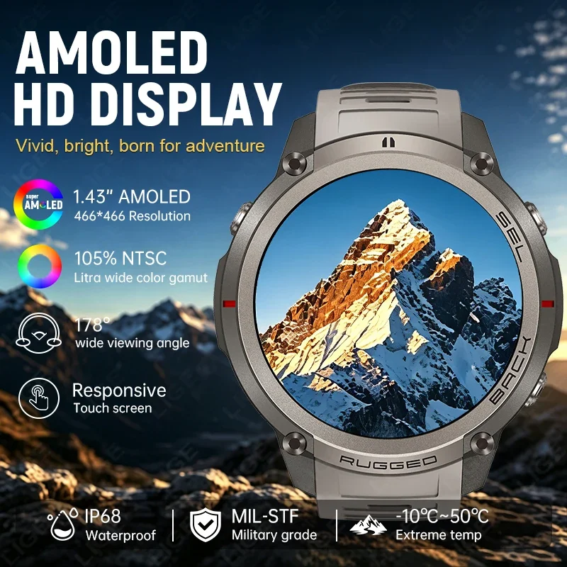 Rugged GPS Smart Watch for Adventure Cycling Military Satellite Offline Map Watches Men AMOLED BT Call Compass Sport Smartwatch