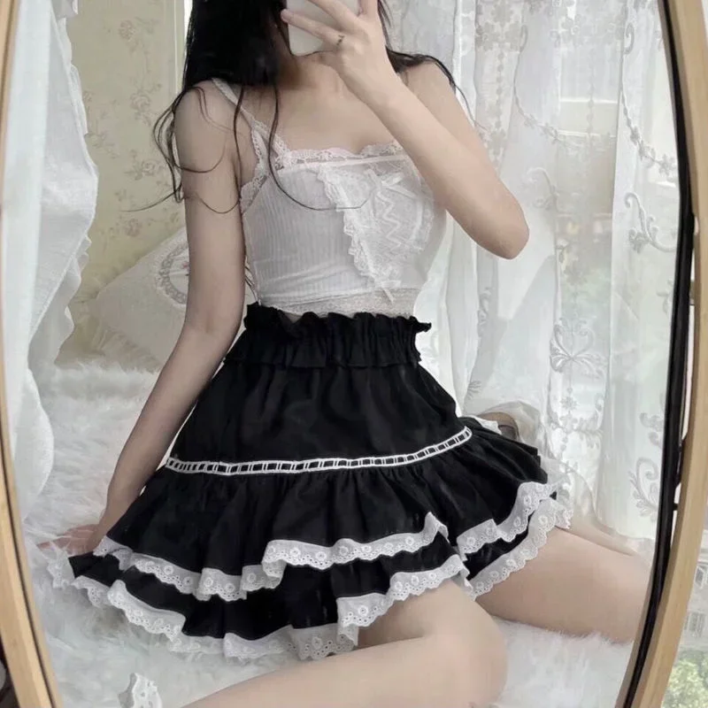 Sweet Skirts Women Black Lace Mini Baggy A-line Kawaii Clothes Girlish Summer All-match Japanese Trendy Streetwear Мини Юбки Ins