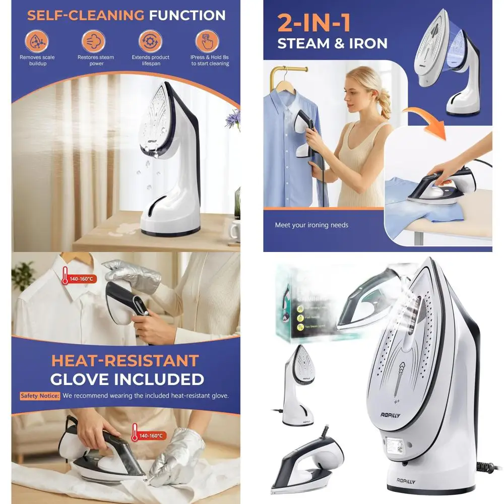 

Паровой утюг-отпариватель 2-в-1 мощностью 1600 Вт с большой керамической подошвой, турбо-паром, интеллектуальным контролем температуры и функцией автоотключения