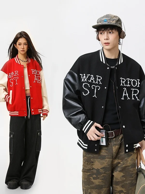 

Casual Pearl Embroidery Contrast Color PU Baseball Jaet New Autumn Men's Loose Fit Jaet Hong Kong Sle Long Sve No Co...