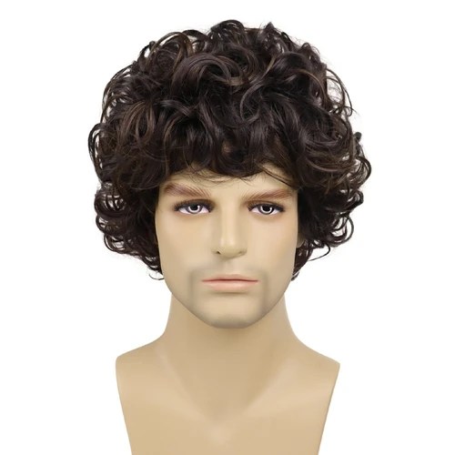 Imagen 2 del producto Peluca Afro para hombre, pelucas cortas sintéticas para hombre, pelo rizado esponjoso Natural, peluca masculina marrón transpirable resistente al calor para uso diario con flequillo