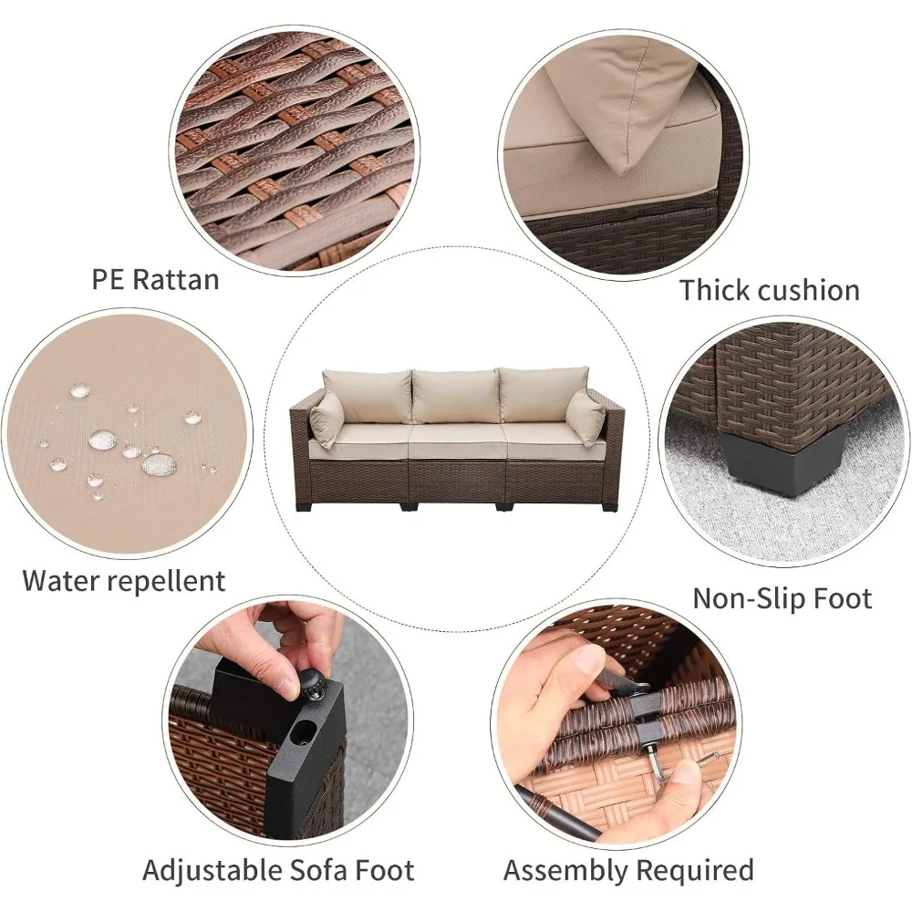 3-местный уличный коричневый диван из ротанга с глубокими сидениями, полиэтиленовый плетеный, нескользящая бежевая подушка для мебели для патио