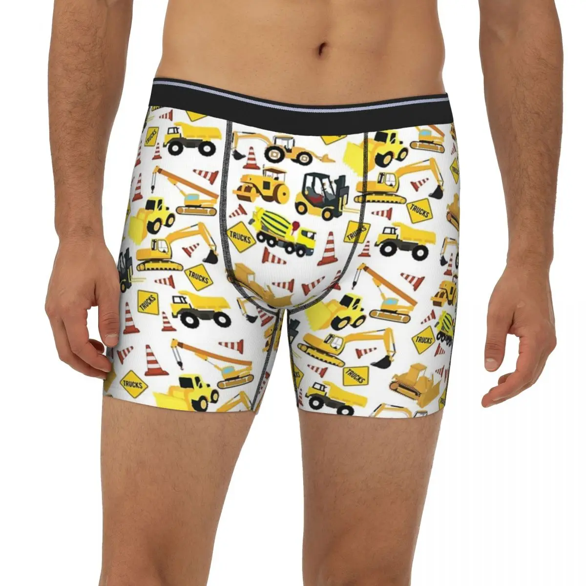 

Construction Trucks Pattern - Excavator, Dump Truck, Backhoe And More Long Boxer Underpants Short Men Panties Underwear
