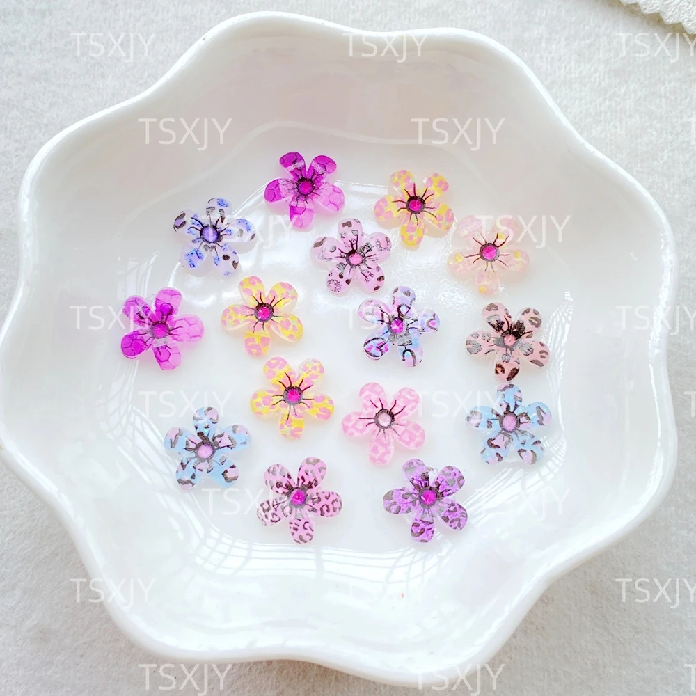 Mini fleurs imprimées léopard colorées en résine mixte, 60 pièces, Nail Art, dos plat, pierre appliquée, breloques à assembler soi-même, artisanat de décoration pour Scrapbook