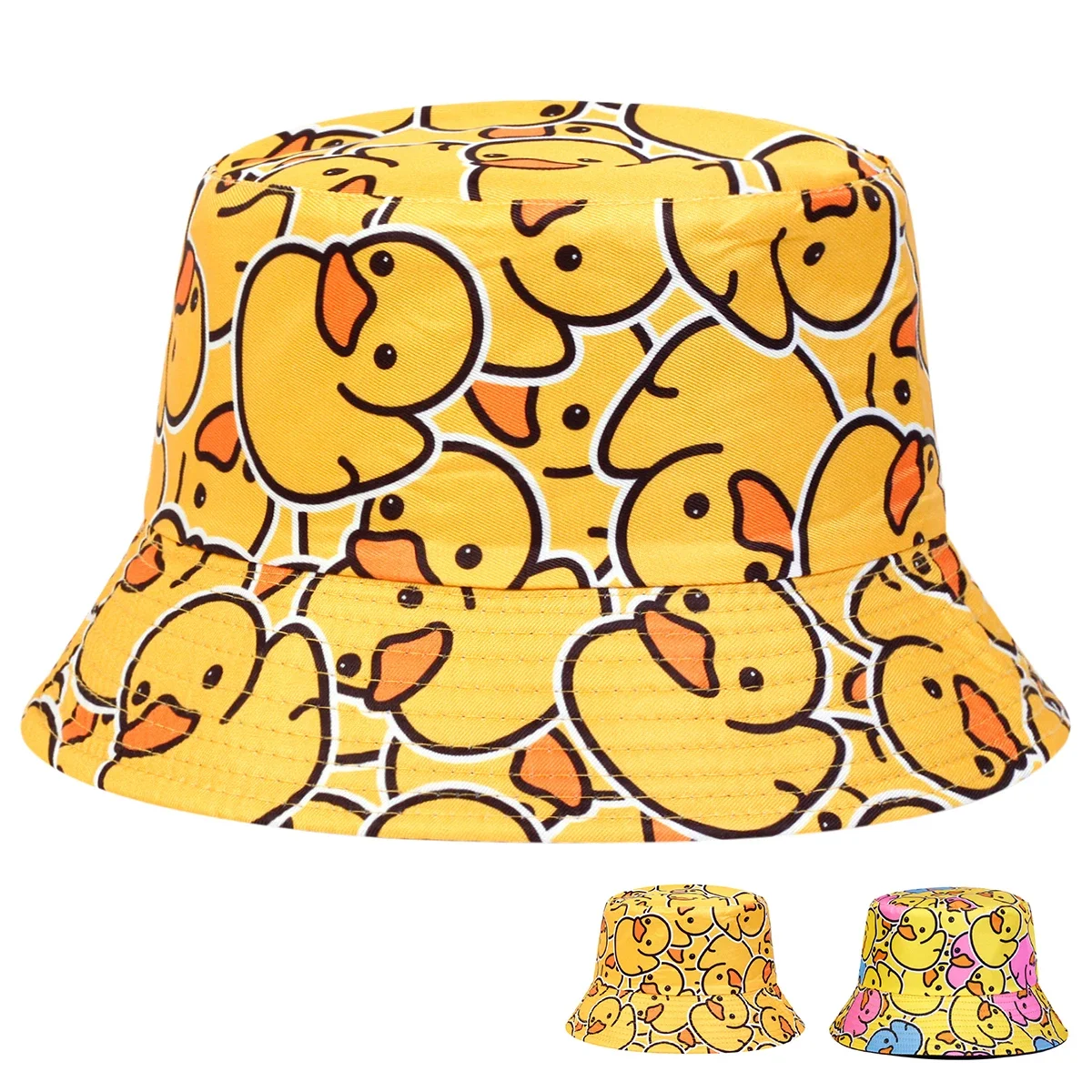 Unisex Duck Print Double-Sided Wearing Personality Bucket Hats Fishermen Caps Outdoor Casual Cap Sunscreen Hat