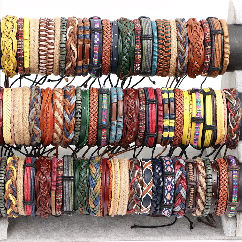 10Pcs/Lot Fashion Handmade Multi-color Braided Leather Bangle Cuff Bracelets For Women Men Mix Style Size Adjustable Jewelry