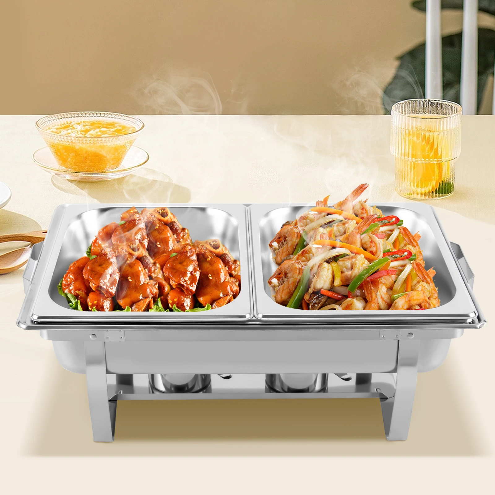 

Chafing Dish Buffet Set Stainless Steel Pots for Cooking Foldable Rectangular Food Warmer Water Pan Food Pans Fuel Holder Lid