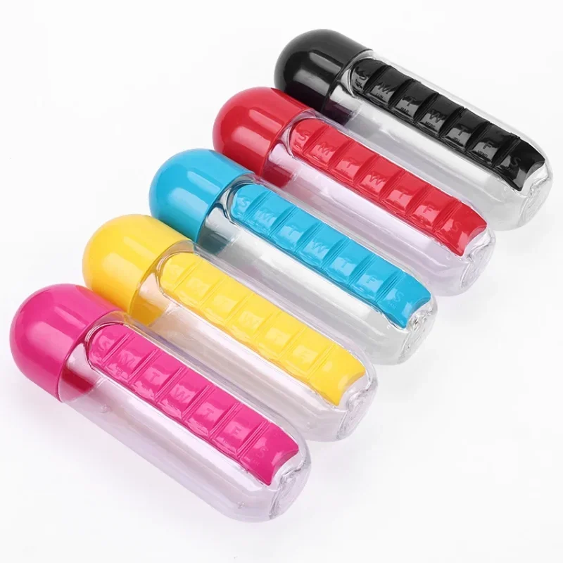 600ml Sports Plastic Water Bottle Combine Daily Pill Boxes Capsule Water Cup Medicine Organizer Drinking Bottles Pill cases 1PC