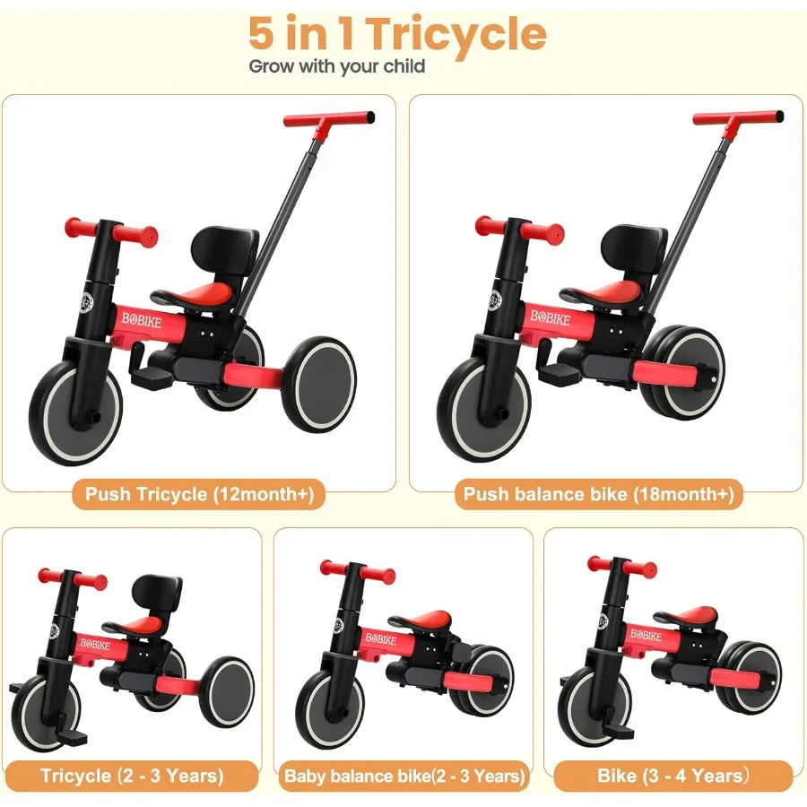 5-in-1 Tricycle for Toddlers 18 Months to 5 Years, Kids Bike with Upgraded Pedals, Parent Push Handle, Balance Bike & Easy Assem