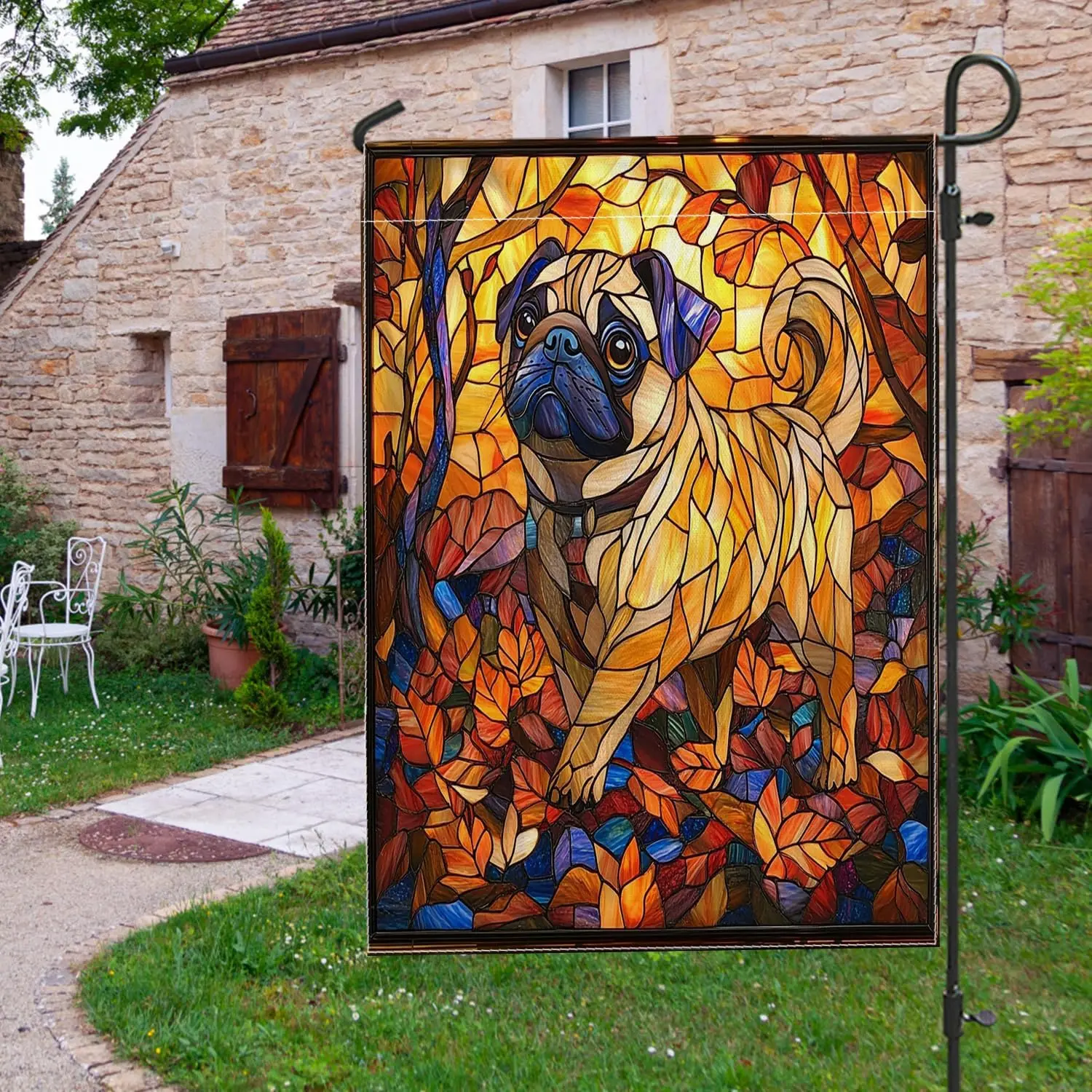 Fall Pug Dog Garden Flags 12x18 Double Sided for Outside, Autumn Stained Glass Front Yard Backyard Vertical House Flags, Pet uui