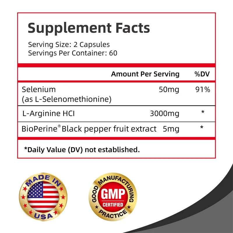 L-Arginine Capsules - Boosts Muscle Mass, Energy, Endurance, Improve Blood Circulation