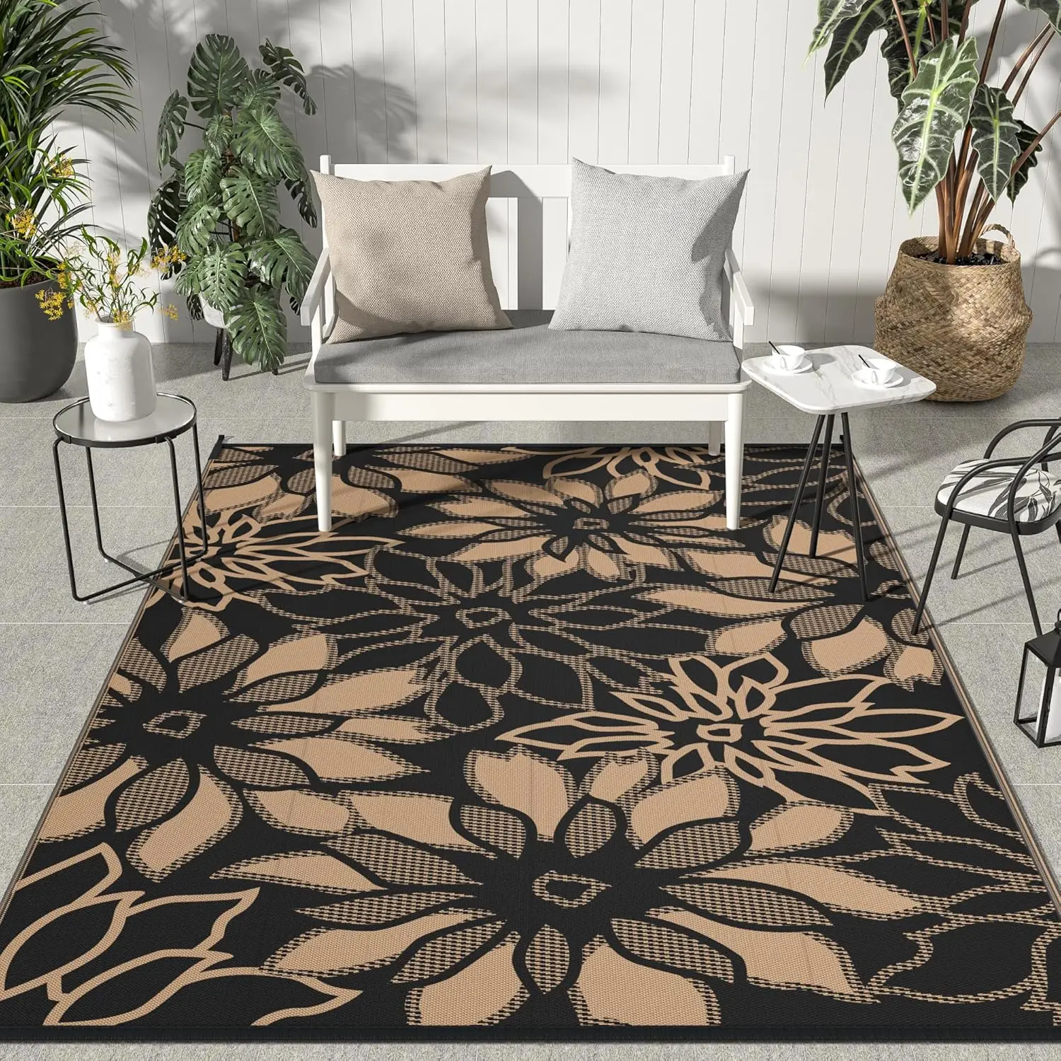 

8x10 ft Reversible Outdoor Rug Waterproof Patio Carpet Black Brown