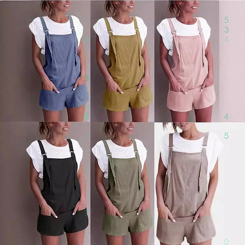Summer Overall Jumpsuit Pockets High Waist Shorts Casual Cotton Blend Matching Set Playsuit