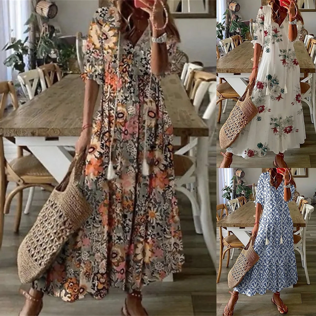 2023 Boho Lange Kleid Frauen Sommer Vintage Floral Print V-ausschnitt Urlaub Strand Maxi Weibliche Kleid Casual Kordelzug Lose Vestidos