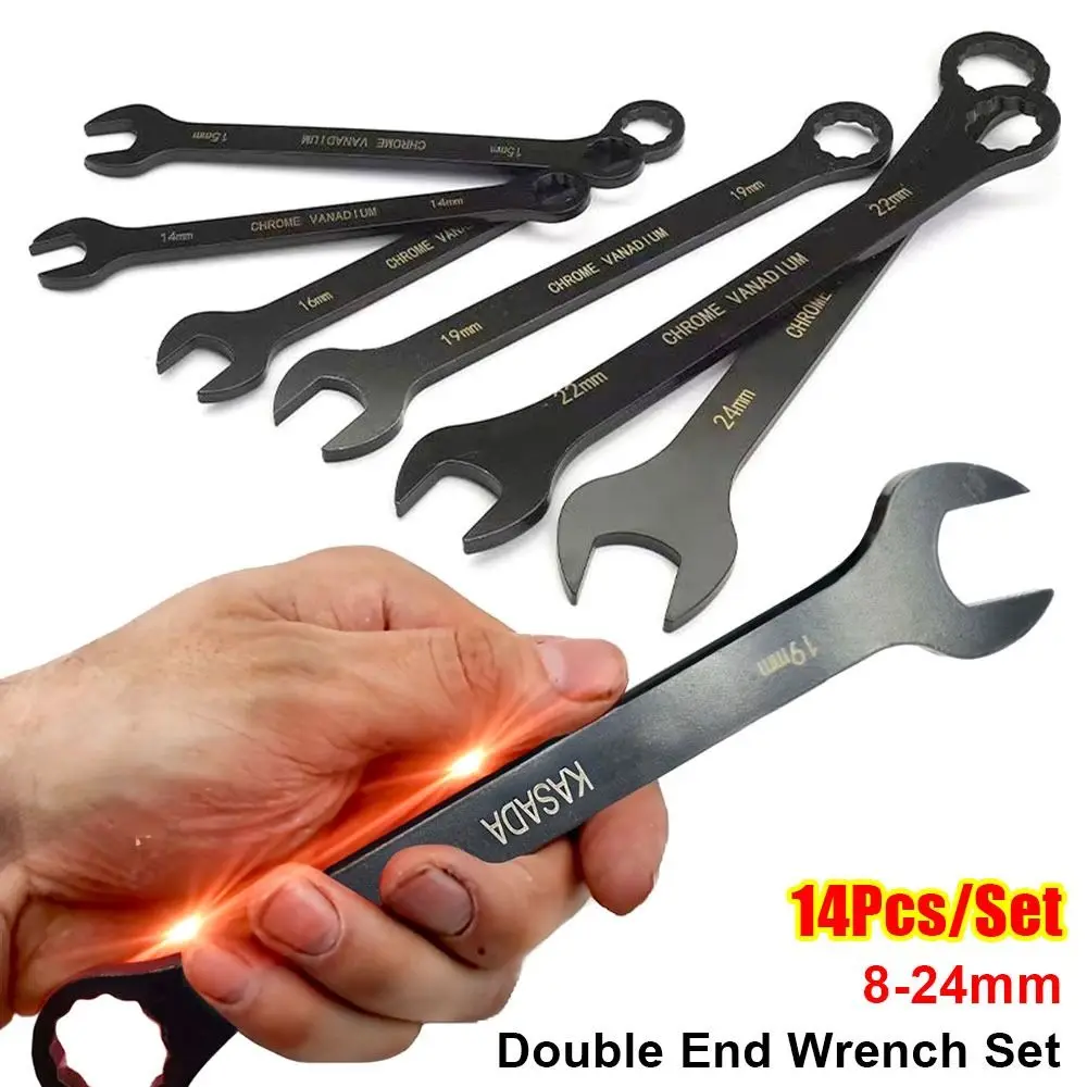 14Pcs/Set Dual Use Double End Wrench Set Multifunctional Carbon Steel Mechanic Wrench 8-24mm Black Double Headed Spanners
