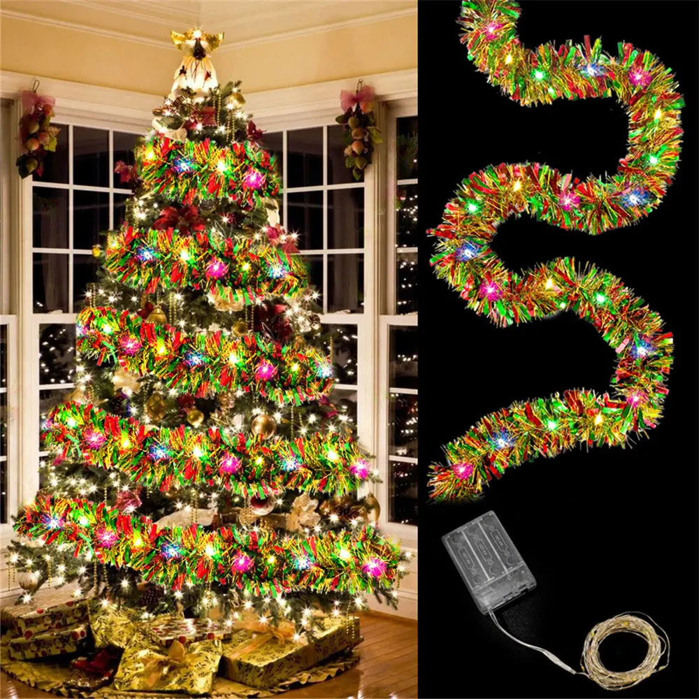 New year 2025 Christmas Garland - 16 Ft Metallic Shiny Tinsel with LED Lights for Tree Decoration - Indoor Outdoor Xmas Party