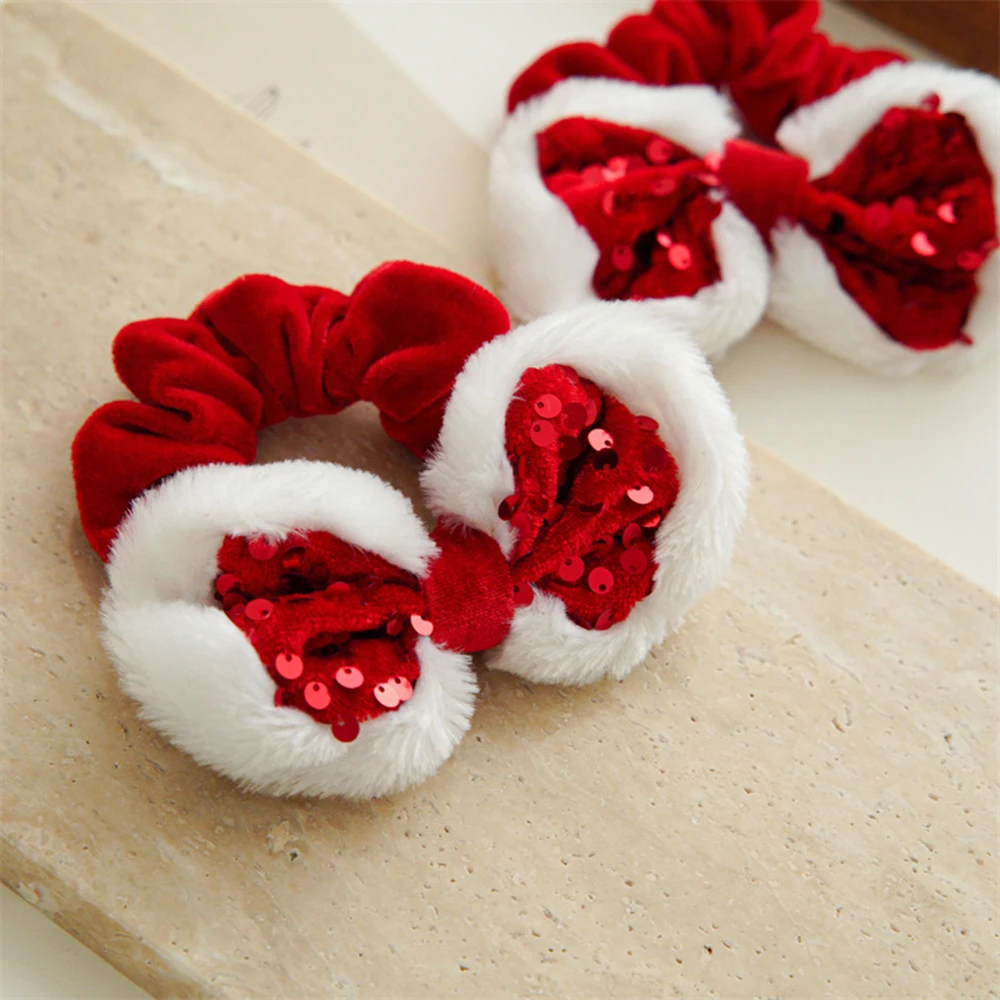 Bow Red Plush Scrunchies Sequin Christmas Style Hair Rope Ponytail Holder Hair Tie Xmas DIY Hair Bow Large Intestine Hair Ring