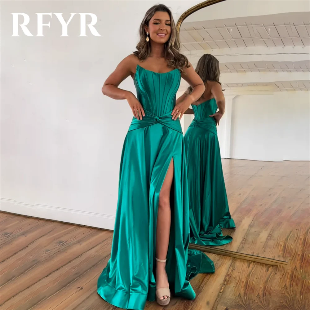 RFYR Green Elegant Beach Women Evening Dress Simple Sleeveless with Pleats Satin Scoop Split Prom Formal Gowns Dress Customized