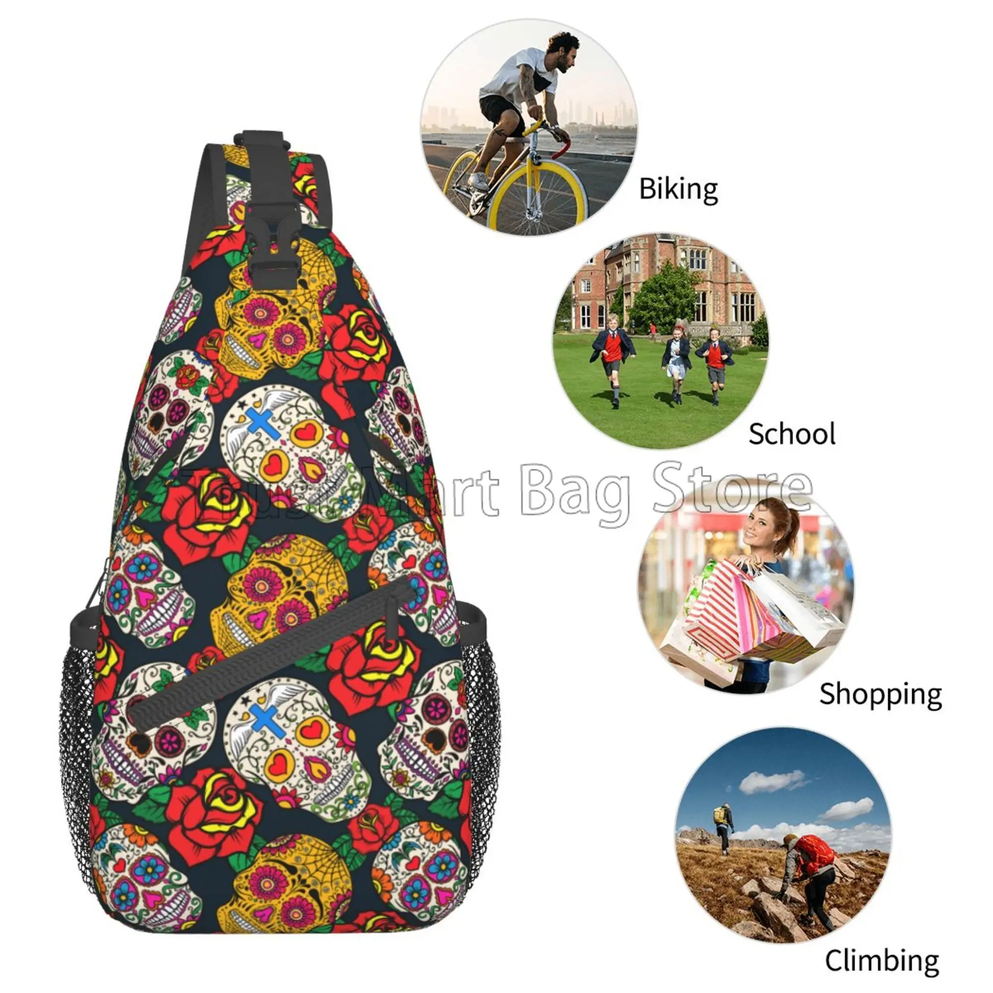 Mochila cruzada de viaje con flores y calavera de azúcar mexicana, bolsos de pecho, mochila de hombro informal ligera, mochila de día para deporte y senderismo