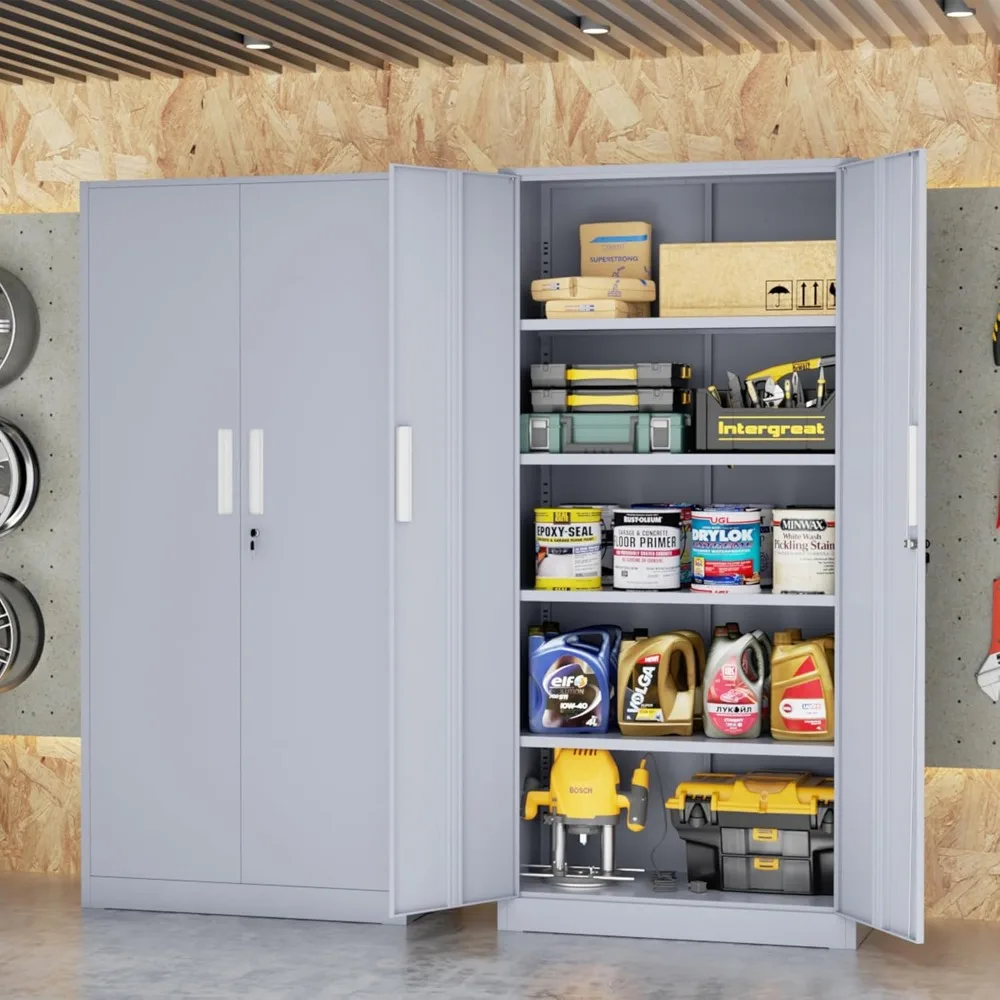 Gabinete de almacenamiento de garaje de metal, puertas con cerraduras y estantes ajustables, almacenamiento alto, gabinete de herramientas de acero resistente para el hogar