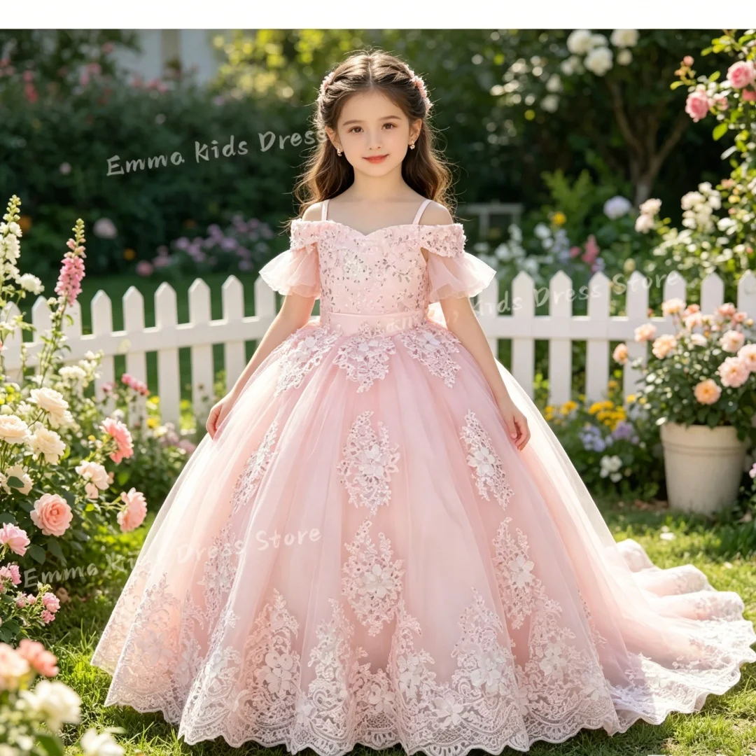 

Custom Girl Flower Girl Dress 3D Applique Girl Pageant Satin Mini Dress with Wedding Bow for Fifteenth Birthday