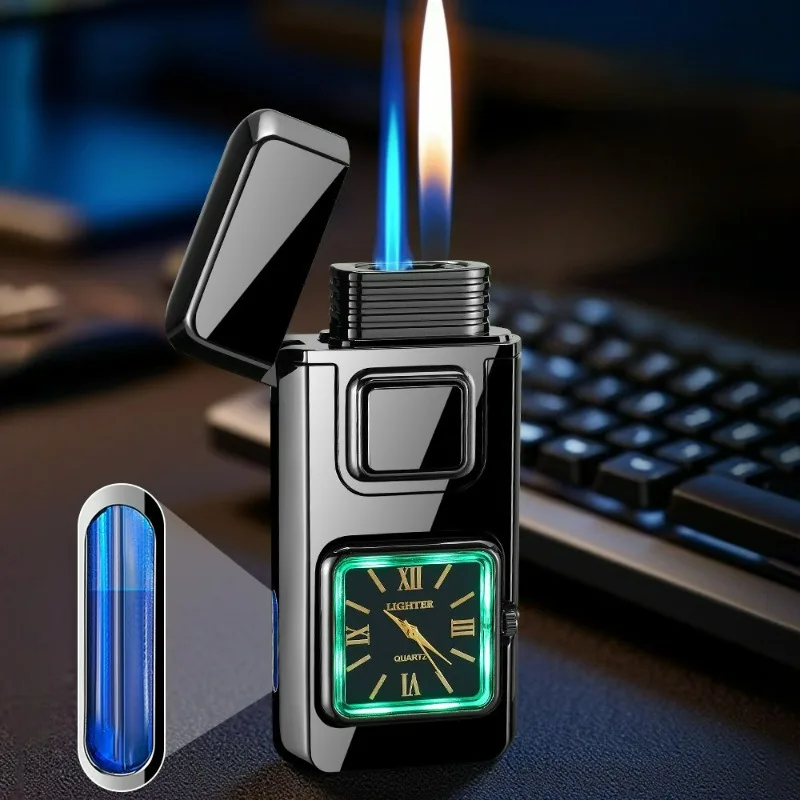 True Watch Voice Controlled Ignition Dual Fire Butane Gas Lighter Visual Gas Window Open Flame Charge Jet Flame Electric Lighter view 4