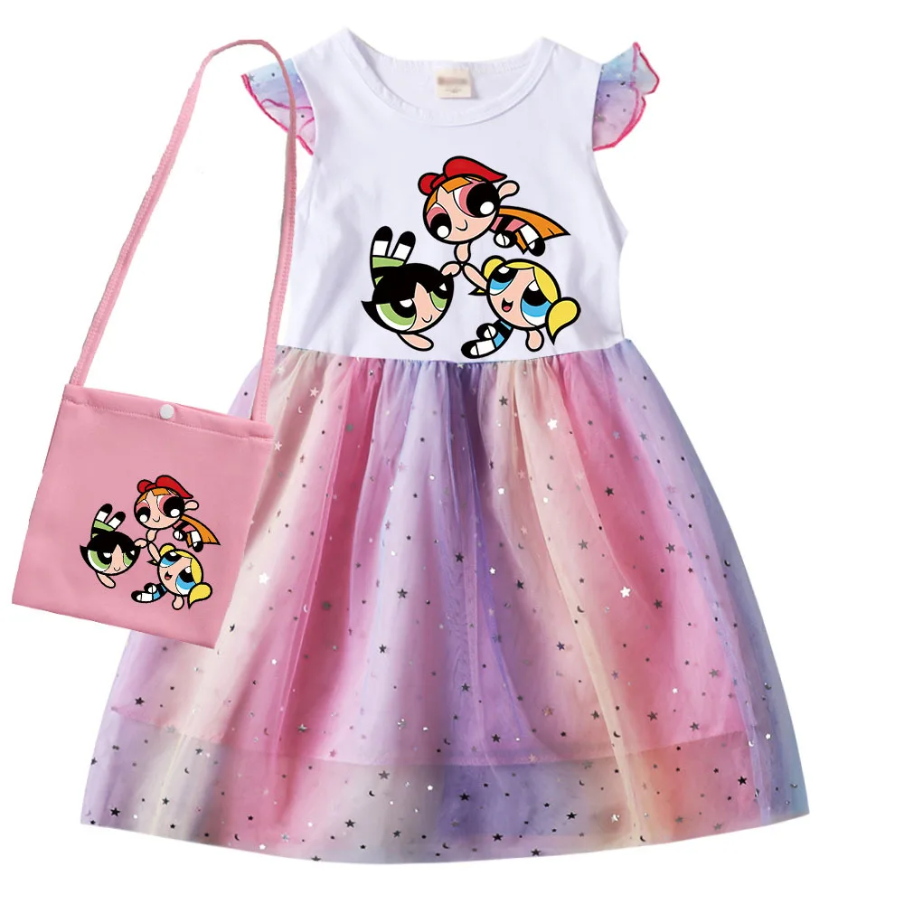 New Summer Kids Clothing P-Powerpuffing Girls Summer Dress Girl Flying Sleeve Dress with Bag Teenage Princess Costume