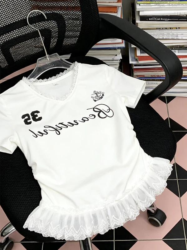 

plus Size Lace Splice Short Sleeve Slimming Top Korean Style Breathable Skin-Friendly Casual Wear for Pear Shaped Girls