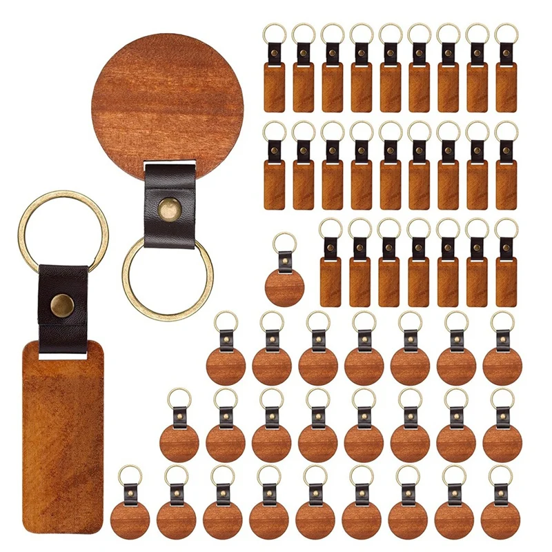 50Pcs Wooden Keychain Blanks With Leather Strip, Round & Rectangular Unfinished Wooden Keychains For DIY Crafts Gifts