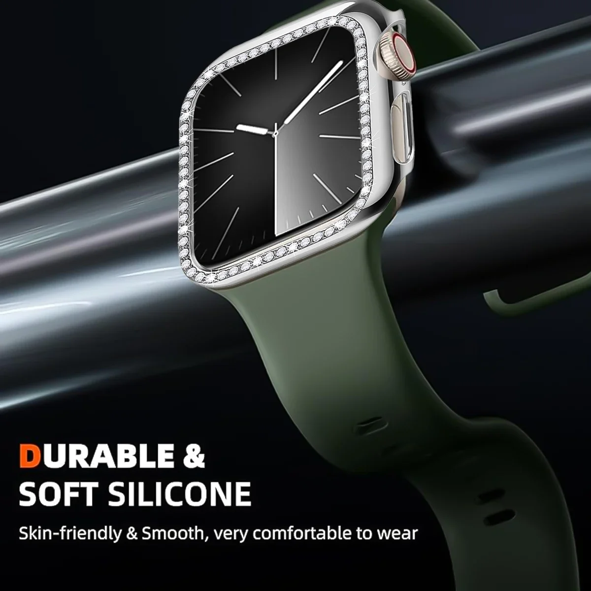 Diamond Case+Silicone Strap for Apple Watch Band 49/45/44/42/41/41/38mm Soft Silicone for iWatch SE Series 9 8 7 6 5 4 3 2 Cover