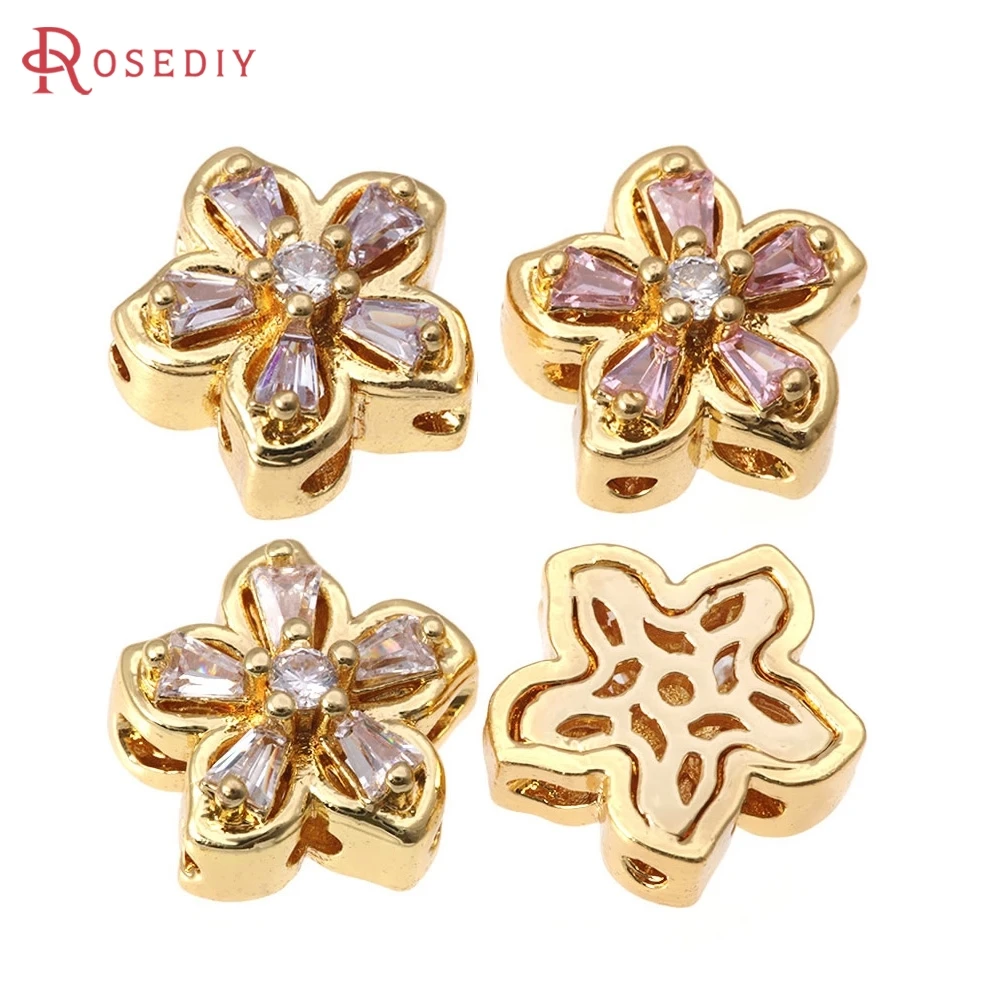 

6PCS 18K Gold Color Brass and Zircon Flower Spacer Beads Bracelets High Quality Diy Necklace Earrings Jewelry Making Accessories