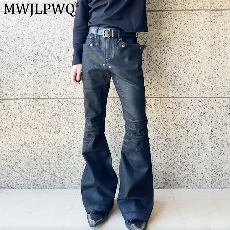 MWJLPWQ RO Dark-Style Denim Pants Men's Elastic Pleats Rivet Detailing Jeans Spring Autumn Flared Leg Trousers Fashion 21181