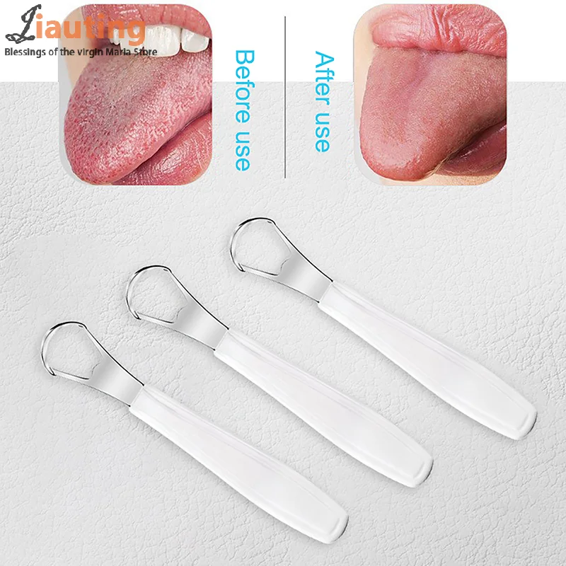 White Small Opening Stainless Steel Tongue Scraper Non-slip Handle Breath Fresh Tongue Tools Toothbrush Coated Oral Hygiene Care