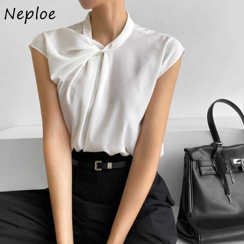 Neploe moda simples o-pescoço torção camisas femininas 2024 verão novo all-match branco topos mujer y2k fino ajuste manga curta blusas mujer