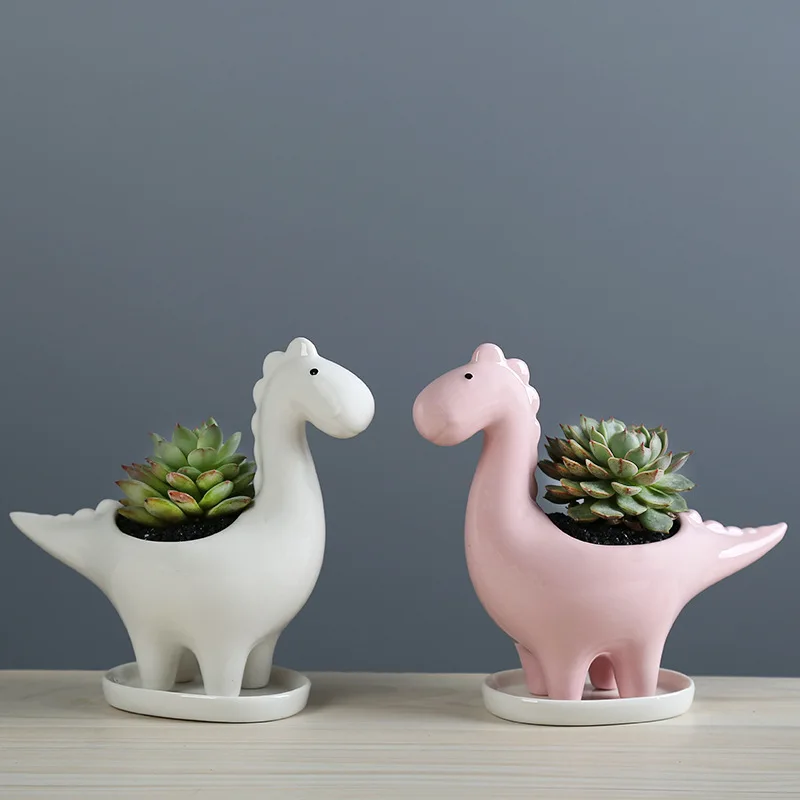 Handmade Dinosaur Creative Ceramic Flower Pot Succulent Planter Mini Cactus Bonsai Desktop Tabletop Home Office Decor Gift